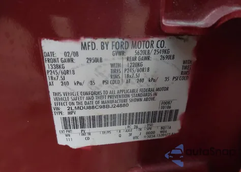 2008 Lincoln Mkx from USA, damaged, VIN 2LMDU88C98BJ24880